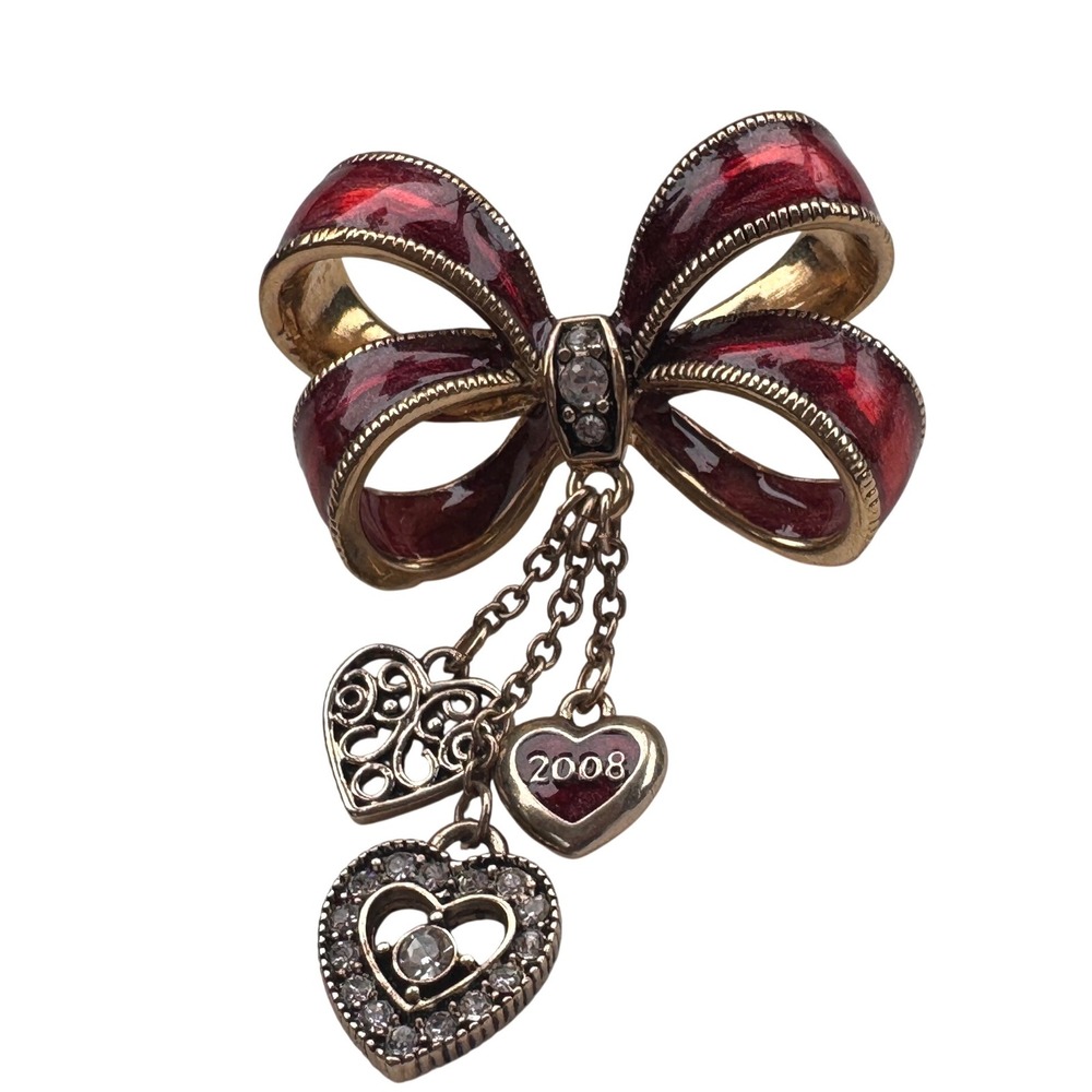 Monet 2008 Burgundy Red Enamel Bow Brooch Pin Gold Tone Dangle Hearts Rhinestone